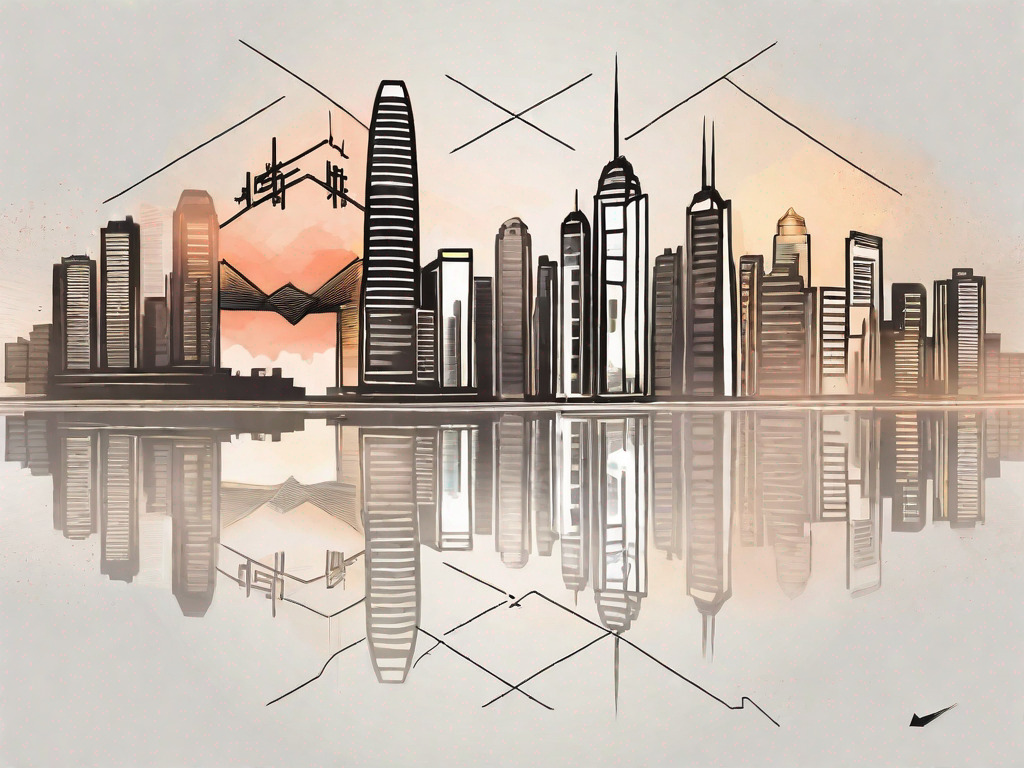 The hong kong skyline with a dollar symbol and the uae skyline with an aed symbol