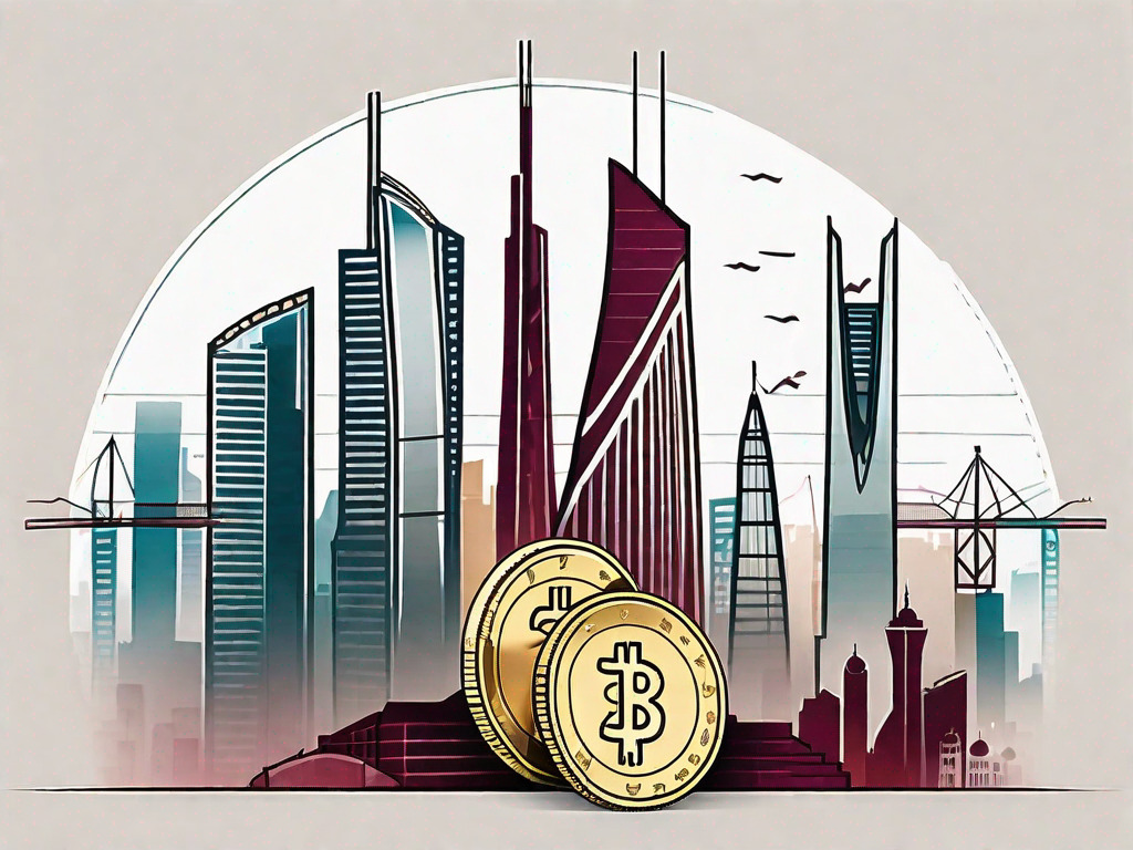 The qatari skyline with a symbolic representation of currency exchange