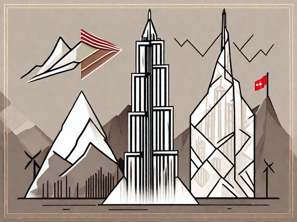 Two symbolic currencies - the uae dirham and the swiss franc - represented by national icons like the burj khalifa and the swiss alps