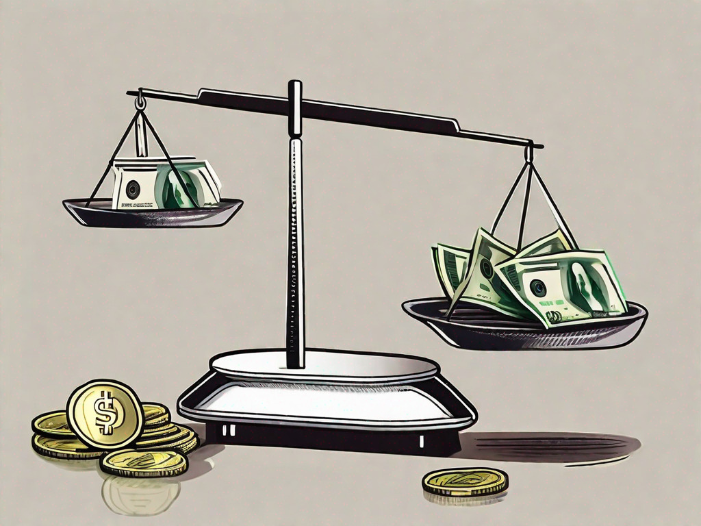 A pile of uae dirhams on one side of a balance scale and us dollars on the other