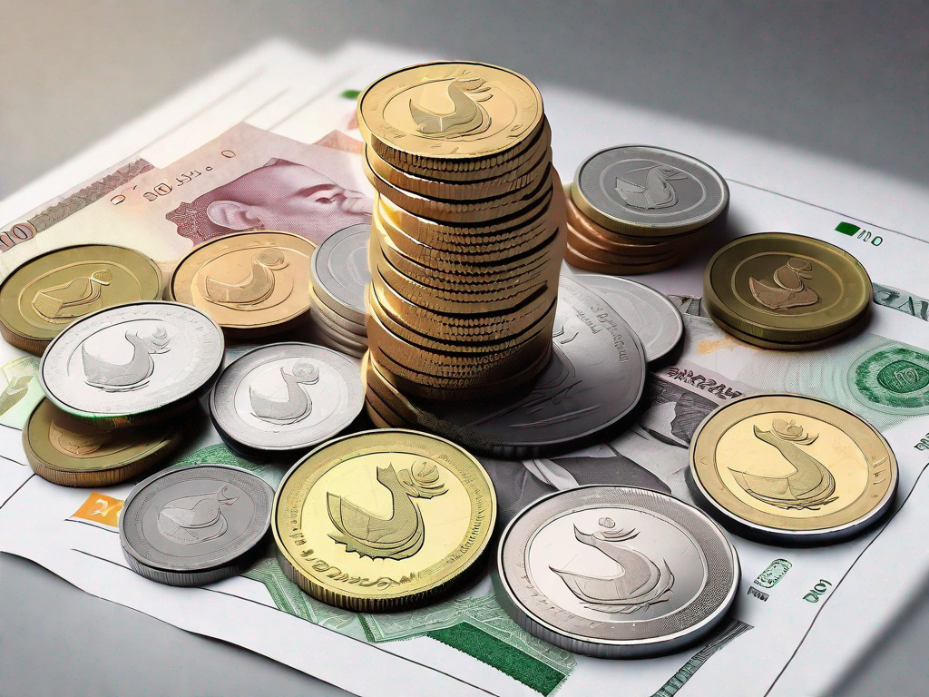 A pile of dirham coins on one side of a scale and pakistani rupee notes on the other side