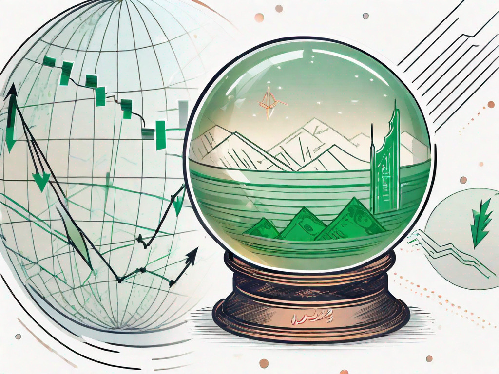 A crystal ball reflecting the symbols of united arab emirates dirham and pakistani rupee