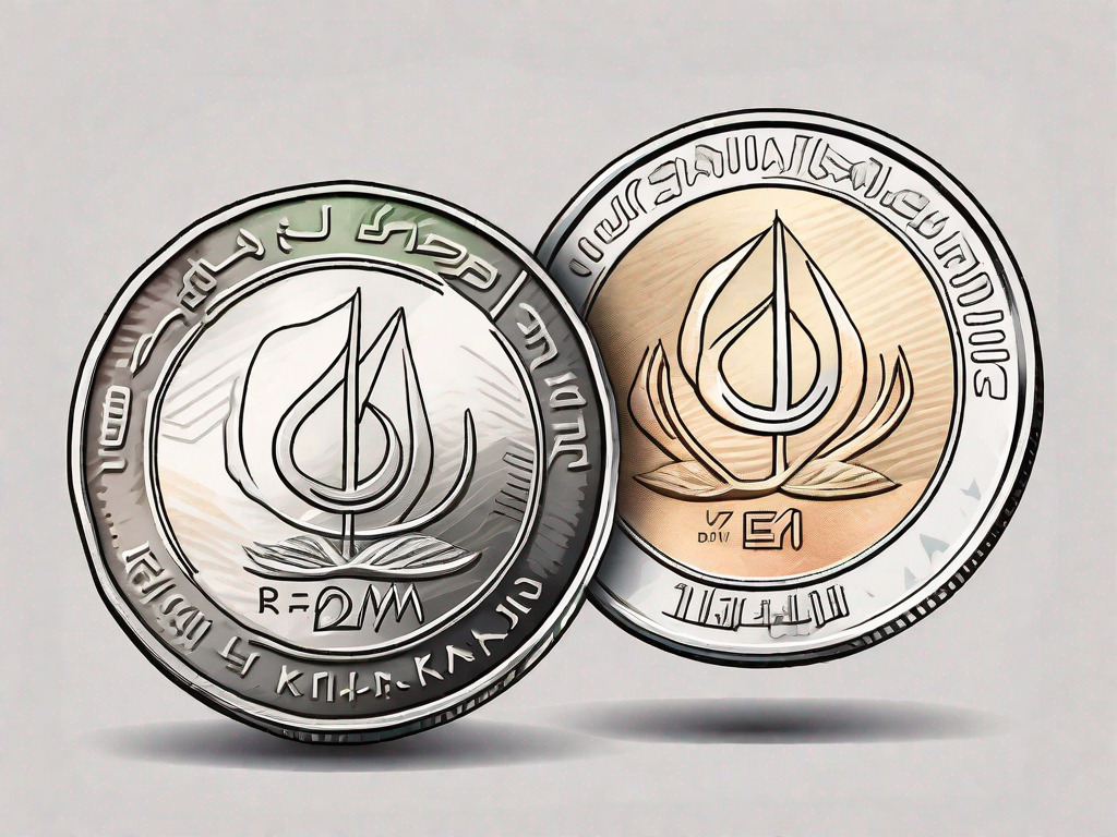 The united arab emirates dirham and danish krone coins with a conversion or exchange symbol in between them