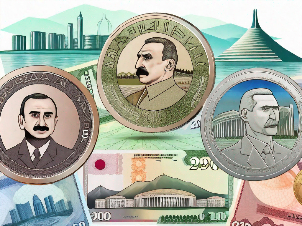 Various azerbaijan currency notes and coins