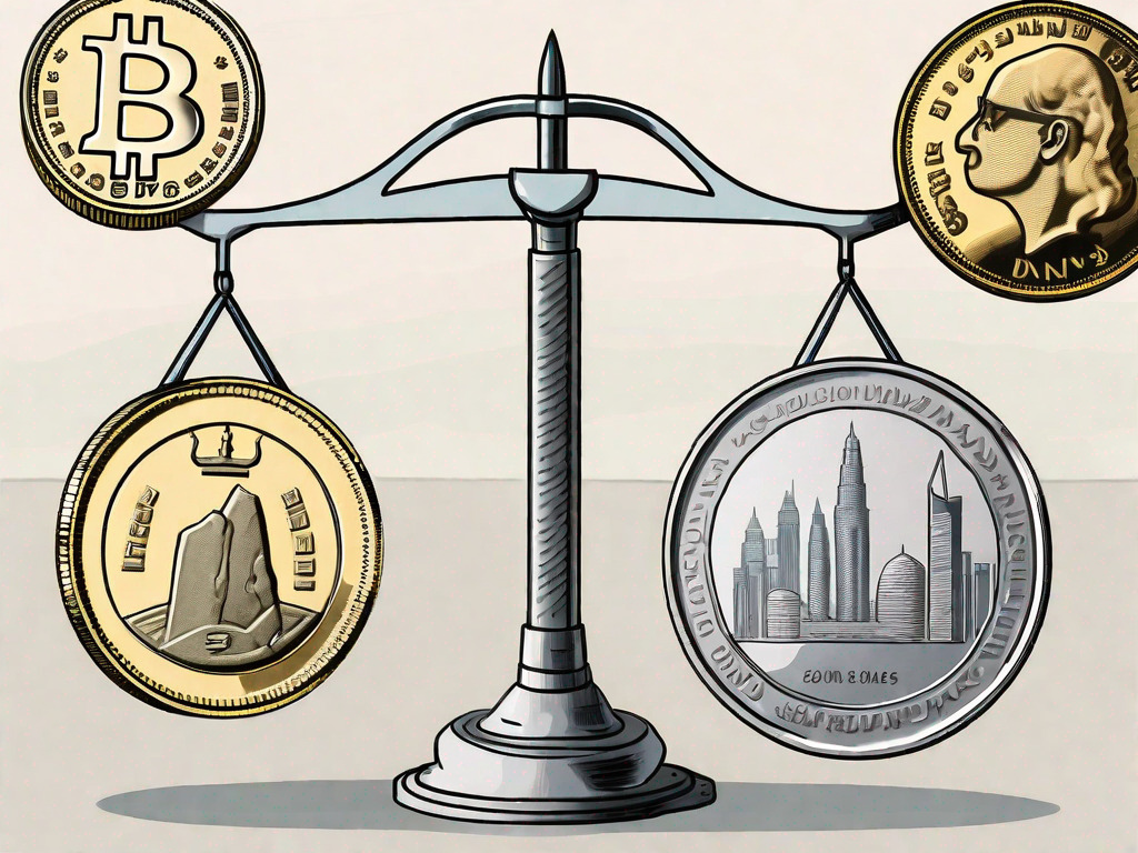 A pile of british pound coins on one side of a scale and united arab emirates dirhams on the other side