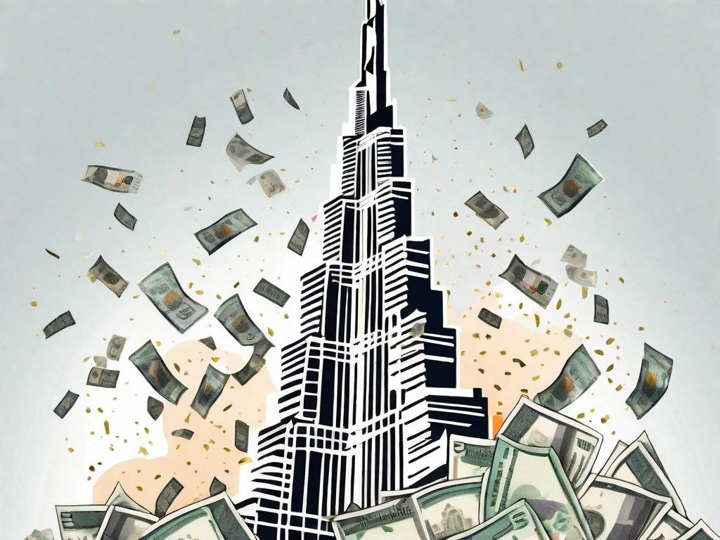 The burj khalifa with a background of indian rupee notes falling like confetti