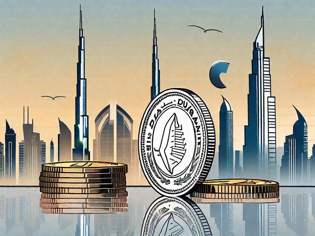 Dubai's iconic skyline with a large dirham coin in the foreground