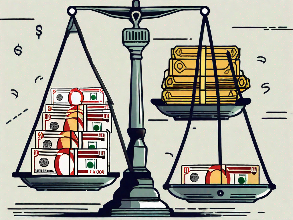 A stack of aed (united arab emirates dirham) banknotes on one side of a balanced scale