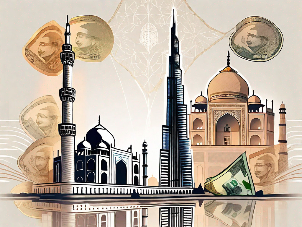 The uae's burj khalifa and india's taj mahal with a symbolic exchange of currency notes floating between them