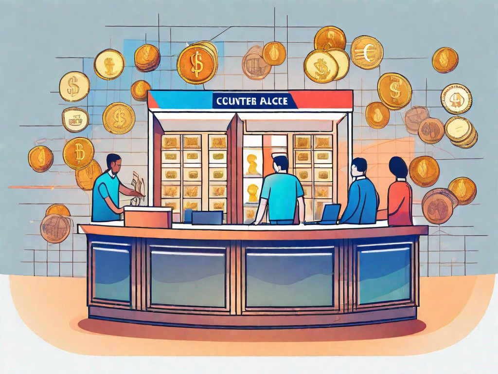 A vibrant currency exchange counter with various international currencies