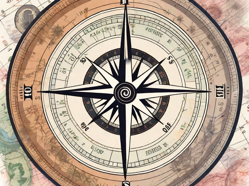 A compass surrounded by various international currencies