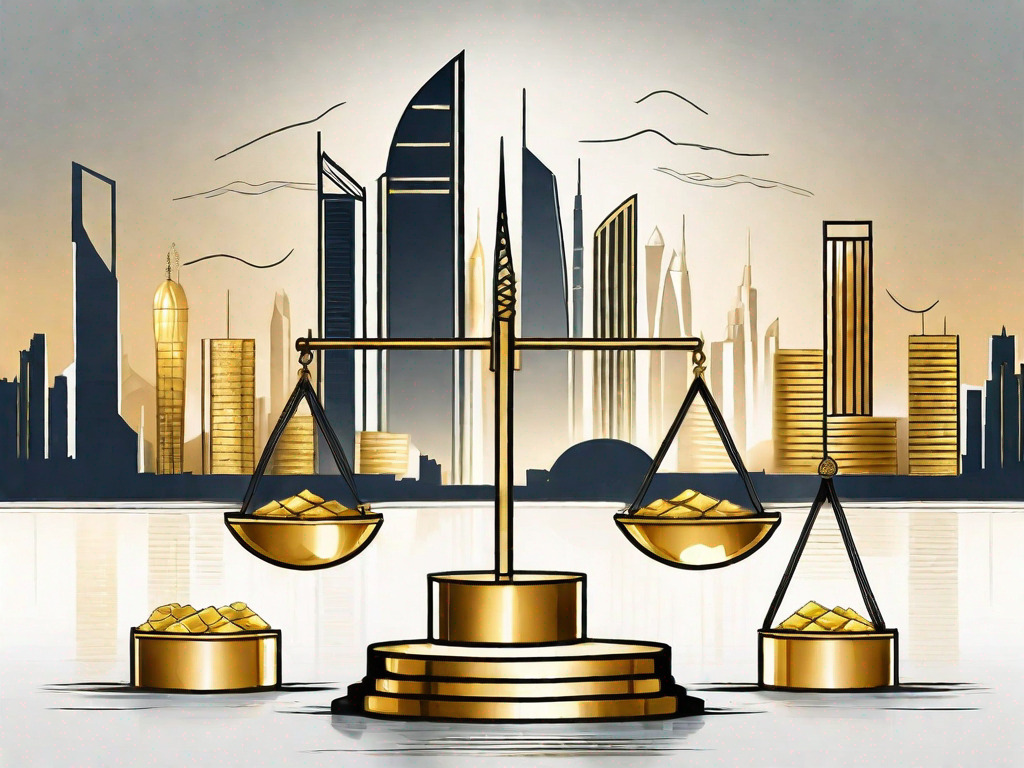 A pair of golden scales with stacks of gold bars on one side and the uae skyline on the other side