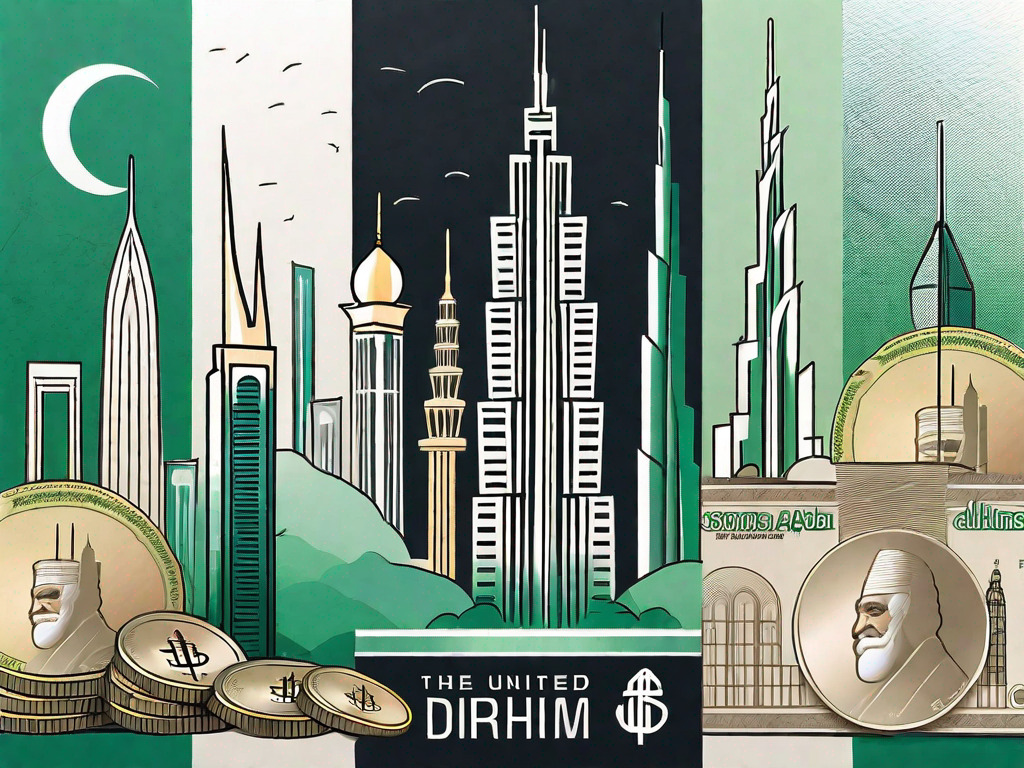 The united arab emirates dirham and pakistani rupee currencies symbolically represented