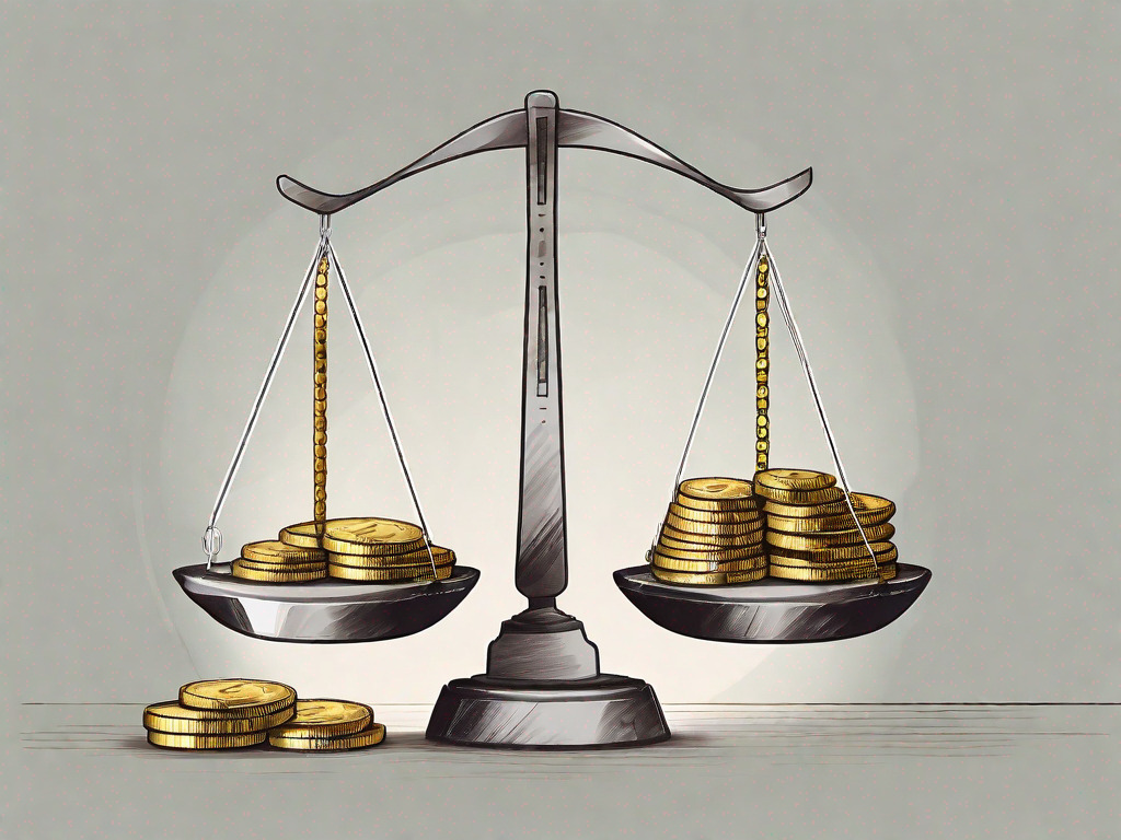 A pile of dirham coins on one side of a balanced scale and a pile of pound coins on the other side