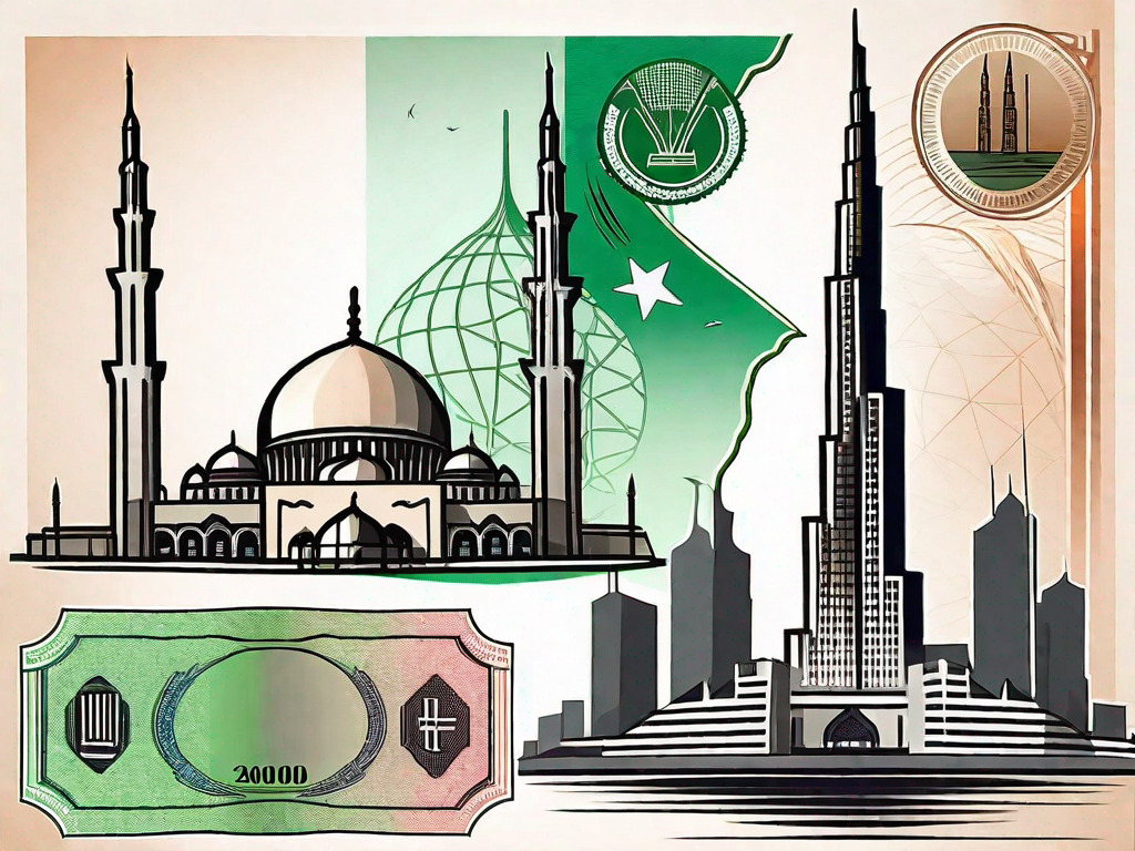 The uae dirham and pakistani rupee banknotes with iconic landmarks of both countries