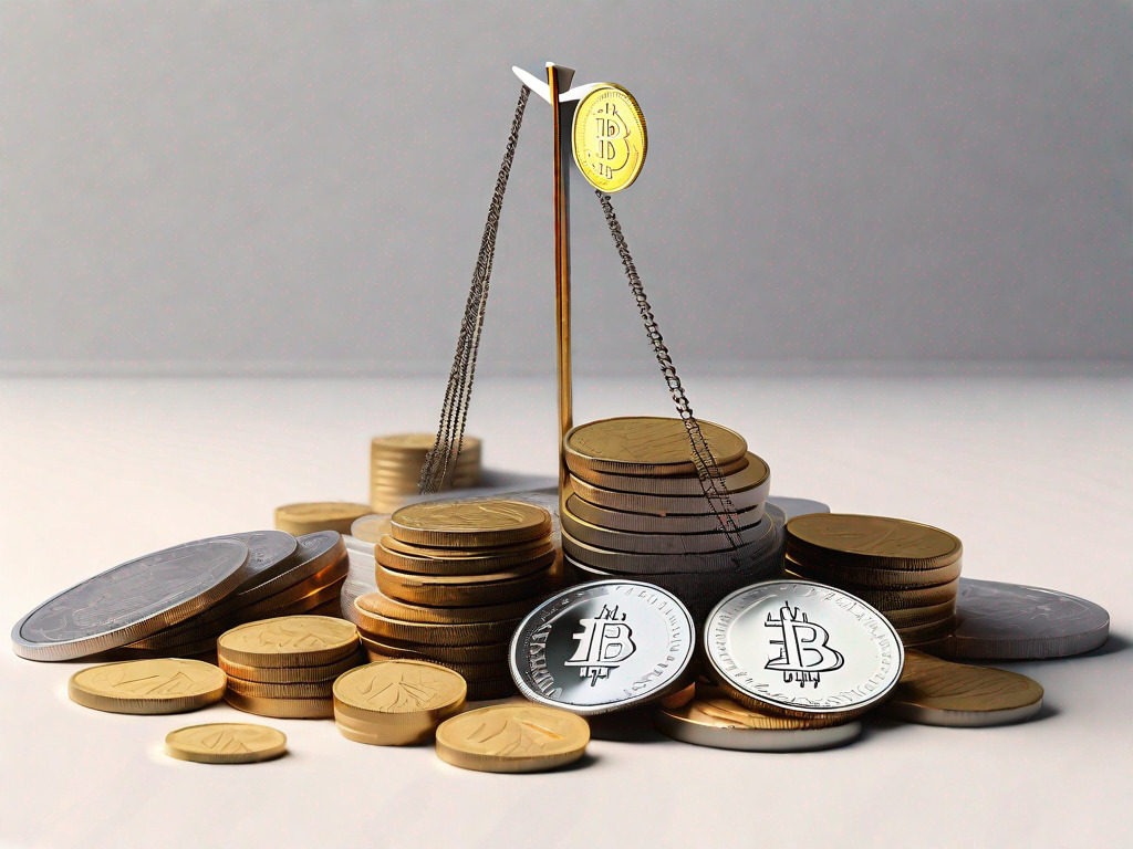 A pile of uae dirham notes and coins on one side of a scale and a pile of british pound coins on the other side of the scale