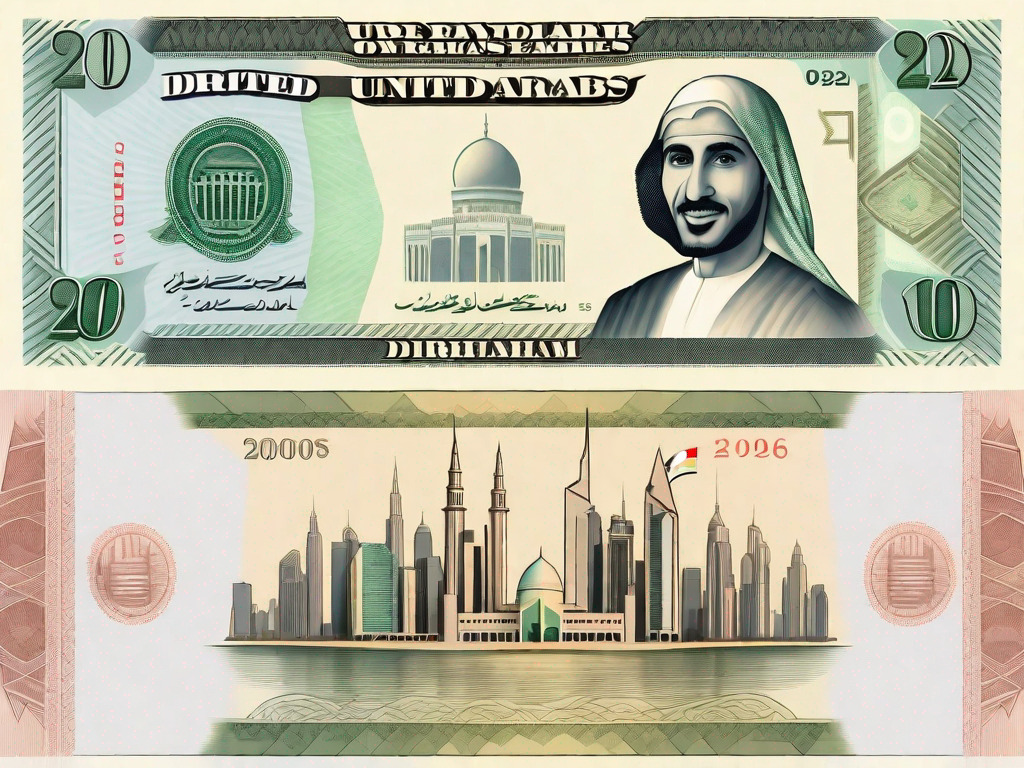 A twenty-dollar bill and the united arab emirates dirham side by side