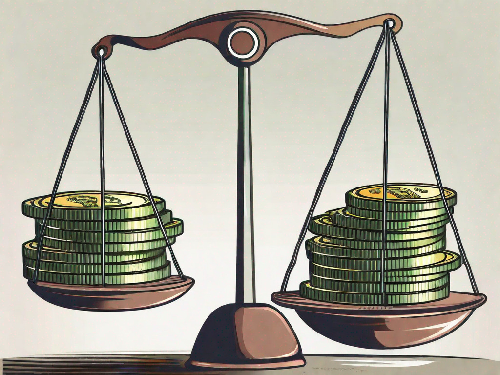 A stack of dirham coins on one side of a balance scale