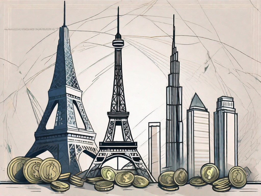 The uae's burj khalifa and europe's eiffel tower with a symbolic exchange of currency flowing between them