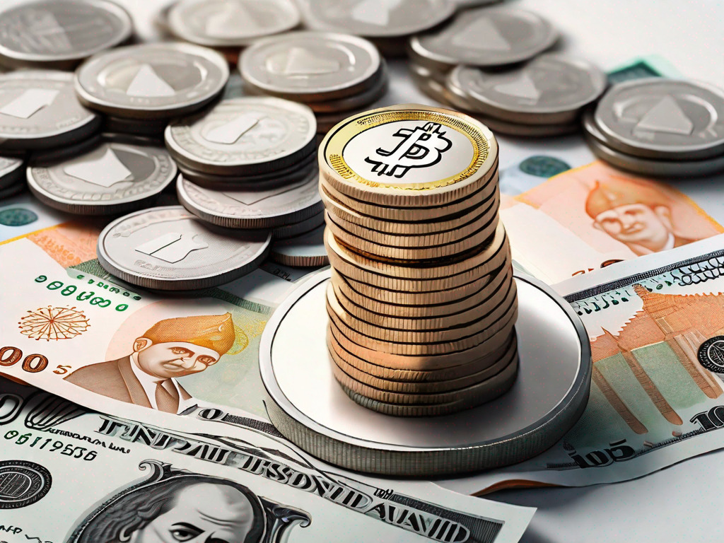 A stack of dirham coins on one side of a scale and a pile of indian rupee notes on the other