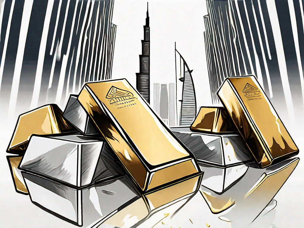 A pile of shiny gold bars with the uae's iconic skyscraper