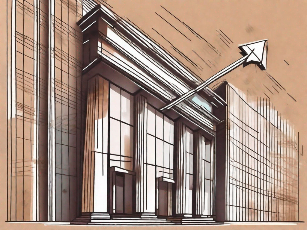 A bank building with a symbolic arrow fluctuating up and down