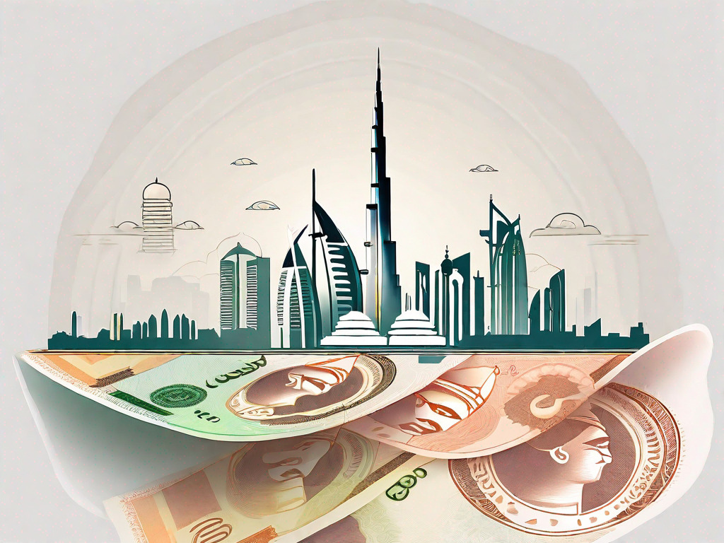 The dubai skyline with a 2000 dirham note floating in the foreground