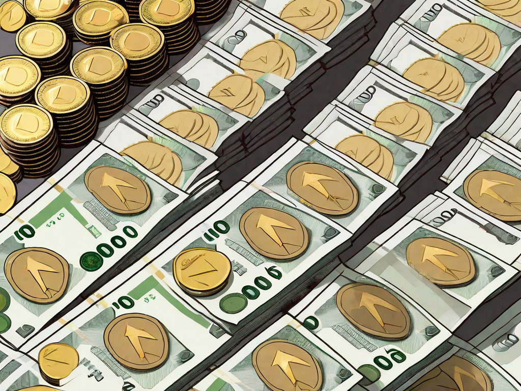 A stack of 100 aed (united arab emirates dirham) banknotes next to a pile of euro coins