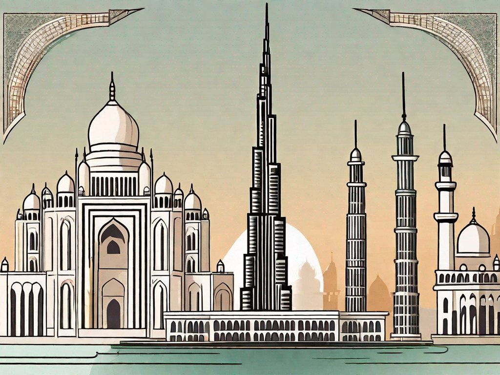 The uae's burj khalifa and india's taj mahal with a scale balance in between