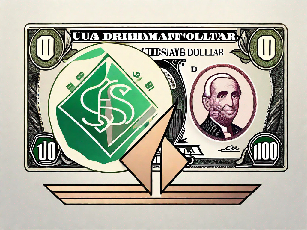 Two currencies - the uae dirham and the us dollar - with a conversion arrow in between them