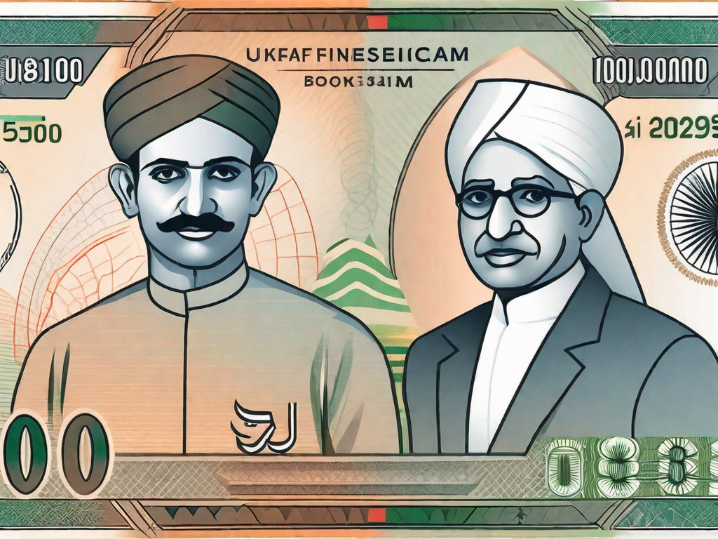 Uae dirham and indian rupee banknotes with a scale in between