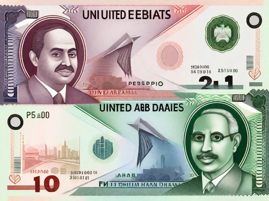 The united arab emirates dirham and the philippine peso bills with a conversion arrow between them