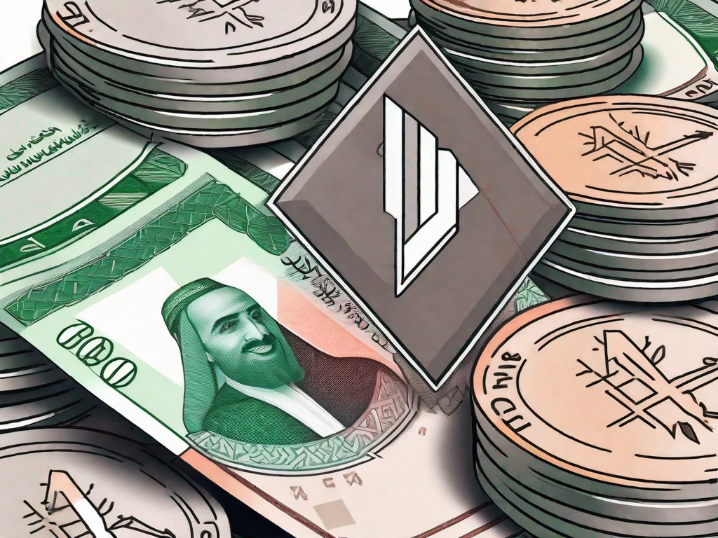 A pile of emirati dirhams on one side and pakistani rupees on the other side