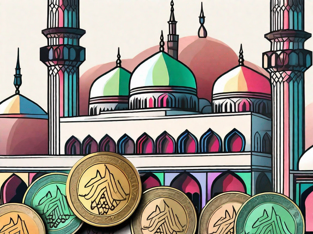 A handful of dirham coins and a traditional iranian architectural landmark