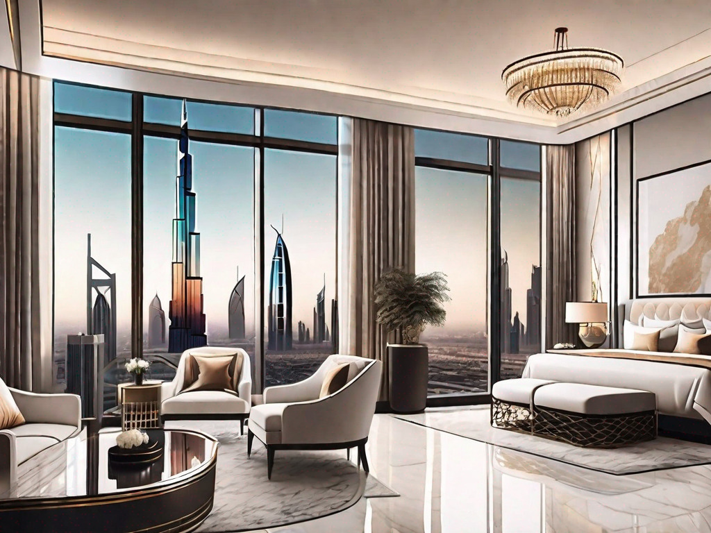 A luxurious hotel apartment interior in dubai with a view of the city skyline