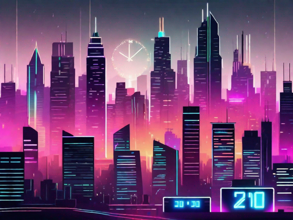 A futuristic city skyline at night