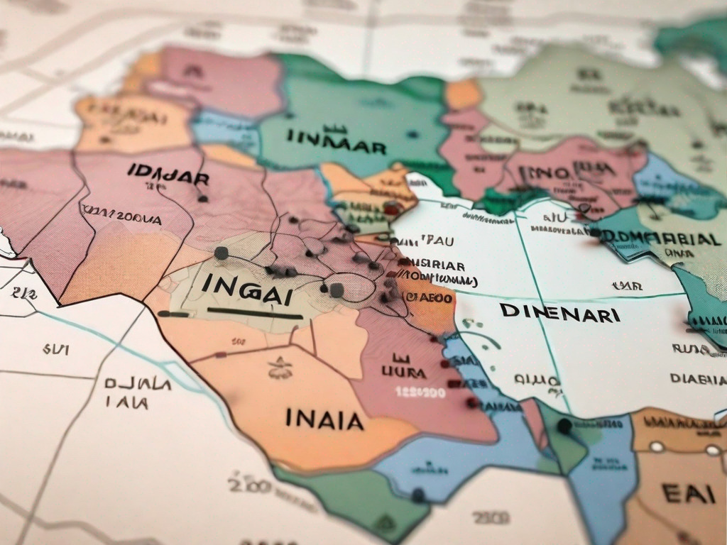 Various denominations of iraqi dinar banknotes scattered on a map of iraq