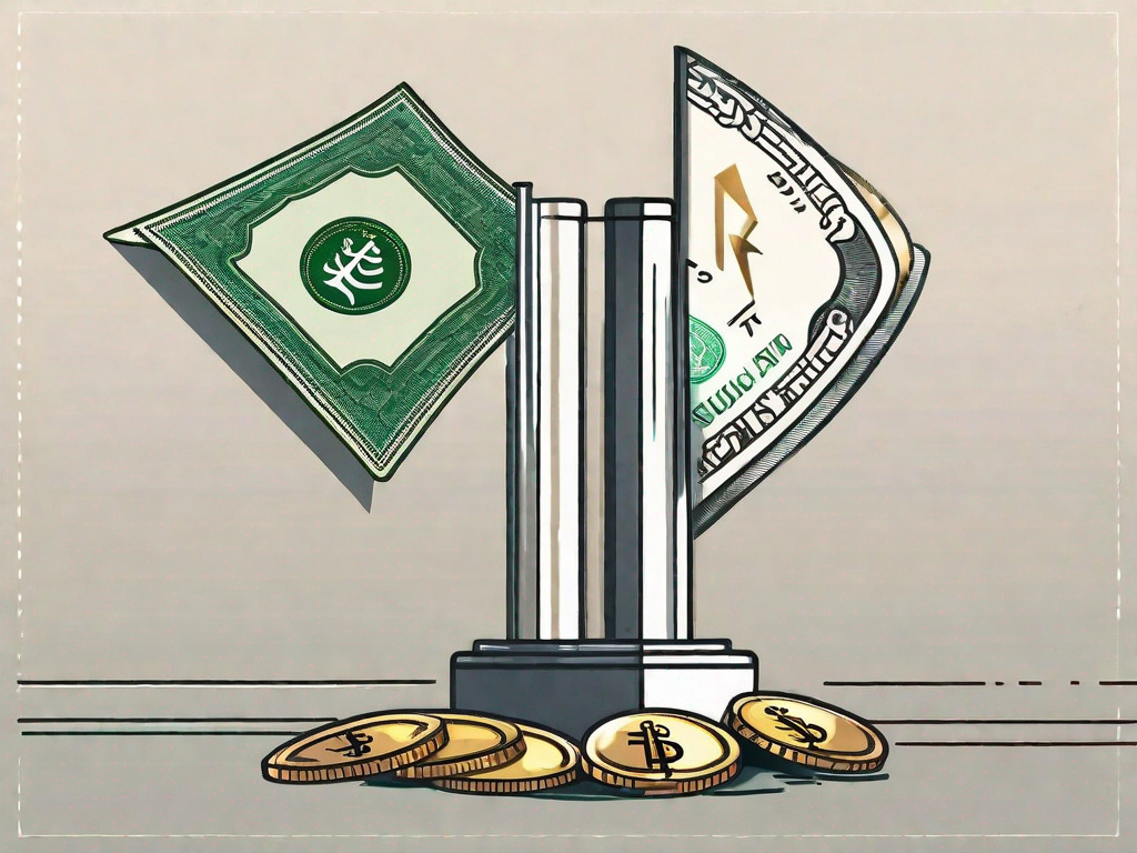 Two currencies - the saudi riyal and the uae dirham - with a symbolic arrow or scale between them