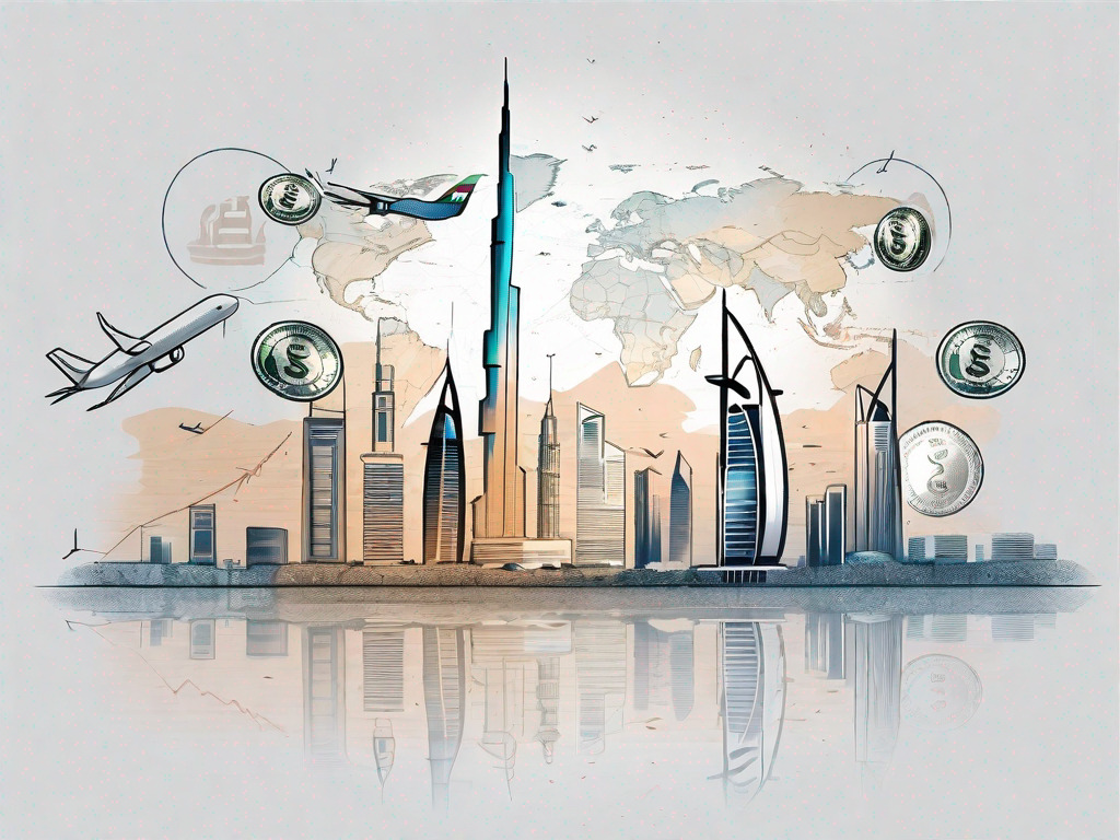 The uae skyline with various international currencies flying towards it