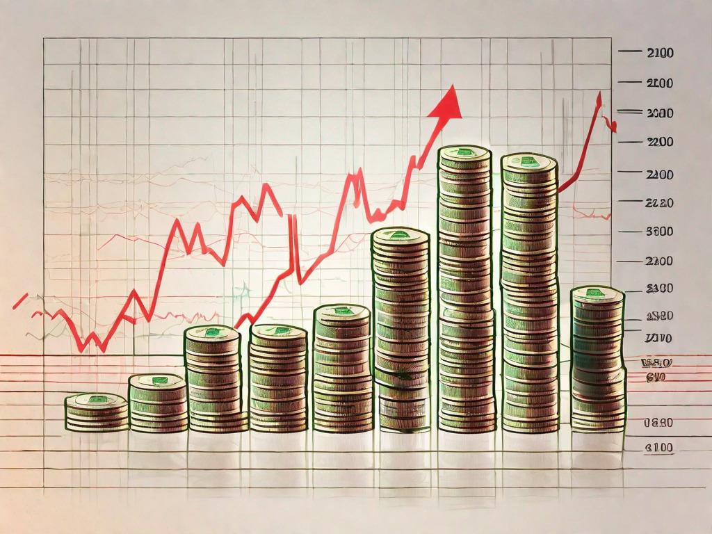 A stack of syrian pound banknotes with a fluctuating graph line in the background