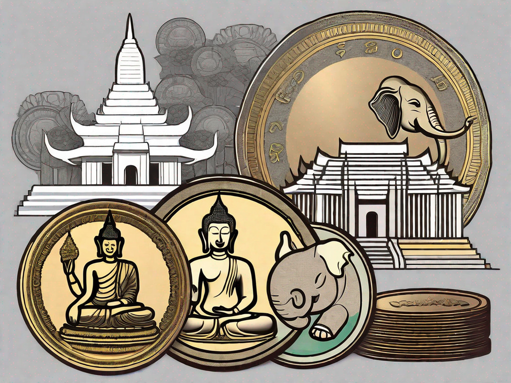 Various thai baht coins and banknotes