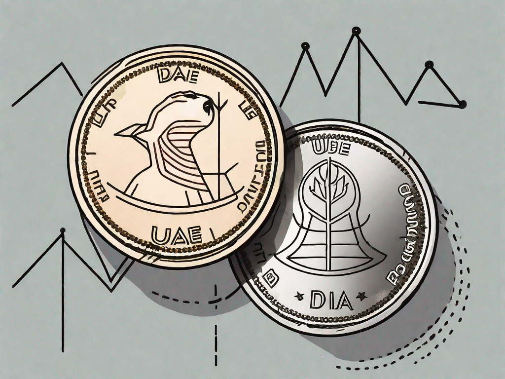 Two currencies - uae dirham and british pound coins - with an arrow indicating conversion from the former to the latter