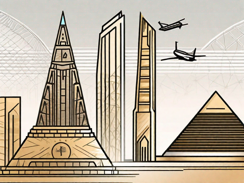 Two currencies - the united arab emirates dirham and the egyptian pound - with iconic landmarks from both countries