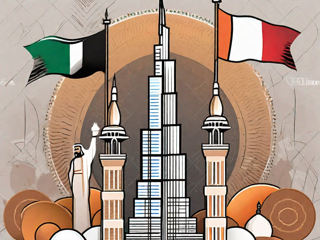 The uae and indian flags crossed over a stylized background of both countries