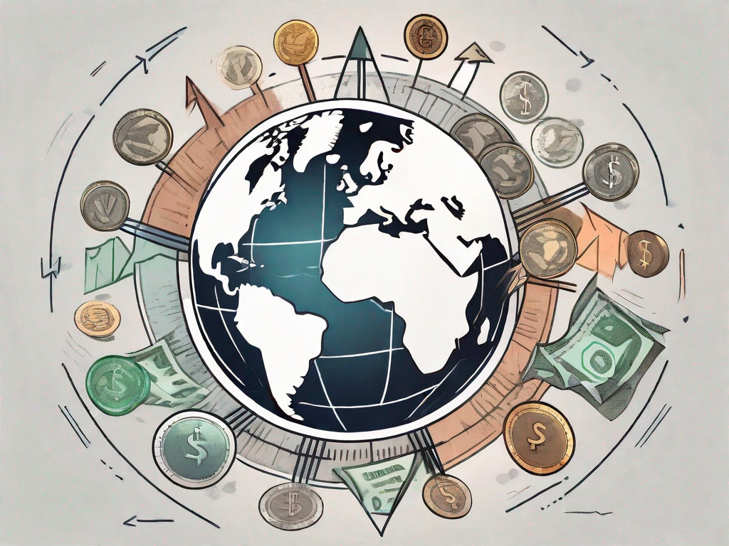 A globe surrounded by different types of currencies