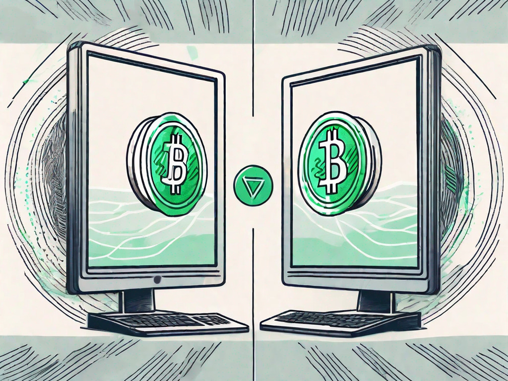 Two computer screens exchanging digital coins