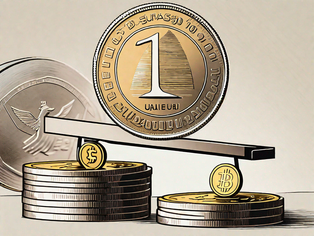 A scale balancing a british pound coin on one side and a stack of uae dirham coins on the other