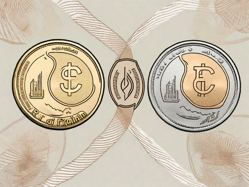 Iranian rial (toman) and united arab emirates dirham (aed) coins exchanging paths in mid-air