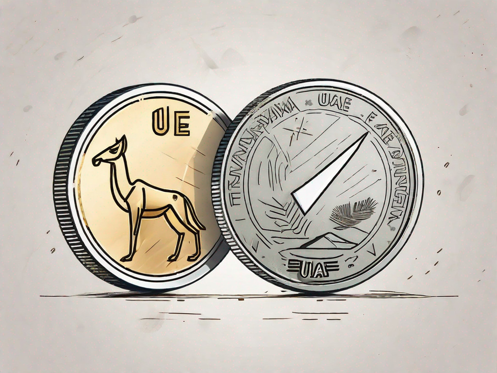 Egyptian pound and uae dirham coins with a symbolic exchange arrow between them