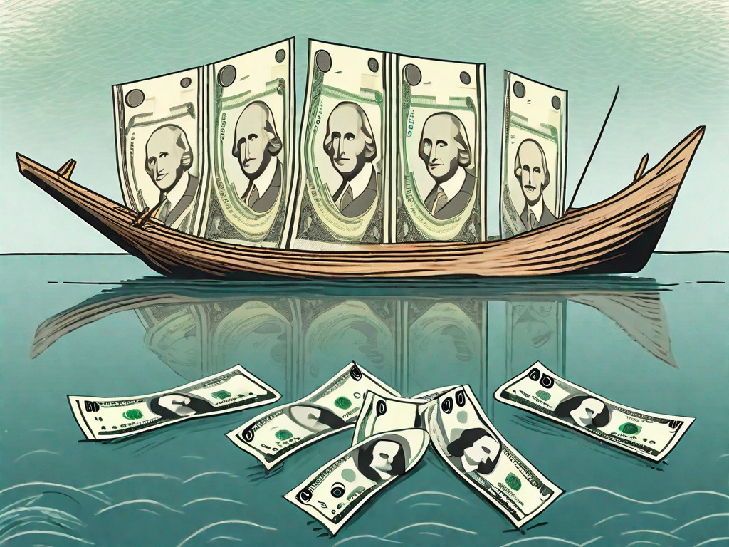 Eight us dollar bills floating towards a traditional emirati dhow boat